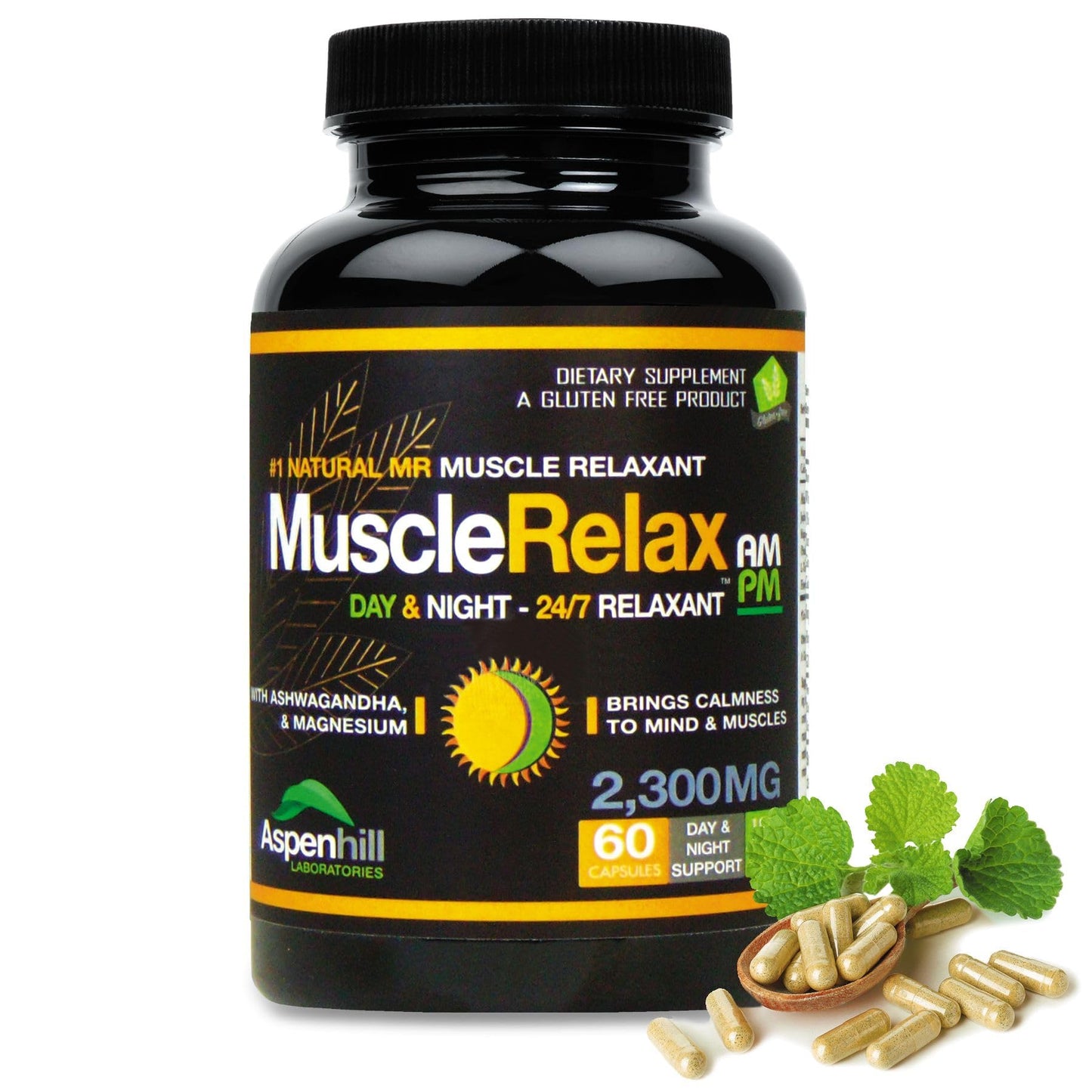Aspenhill Laboratories The Original Muscle Relax AM-PM 24/7 Day or Night with Magnesium and Calcium - Calmness - Relaxation Capsule, 60 Count