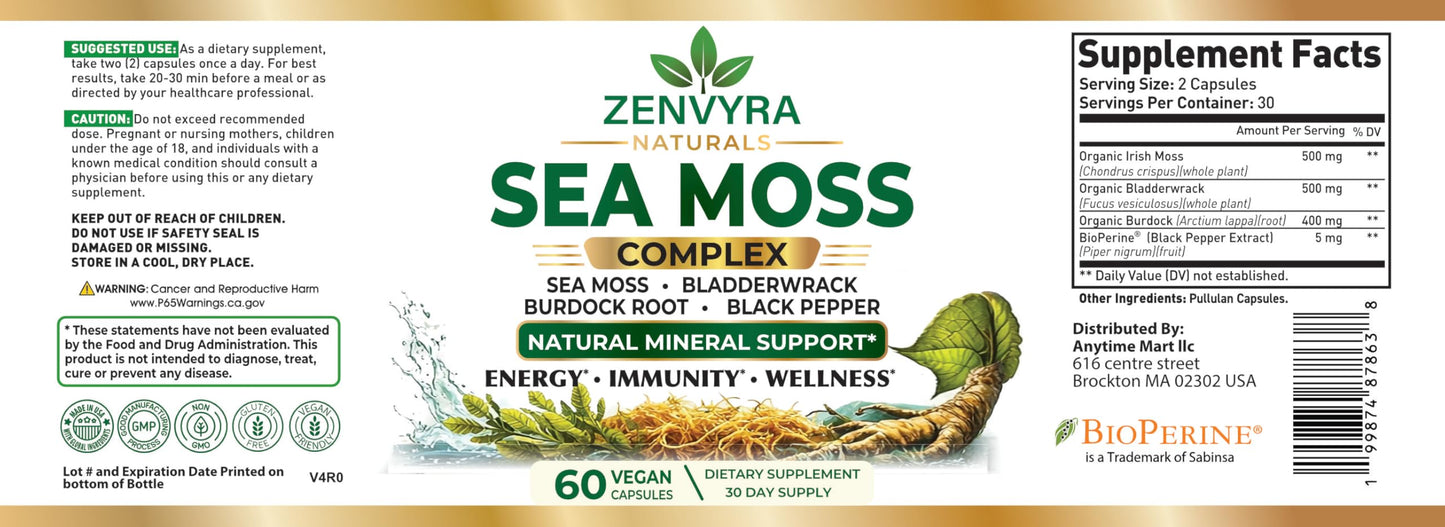 Zenvyra Naturals Organic Sea Moss with Bladderwrack & Burdock Root, Thyroid Support & Immune Booster, Wildcrafted Irish Moss Supplement, 90 Capsules