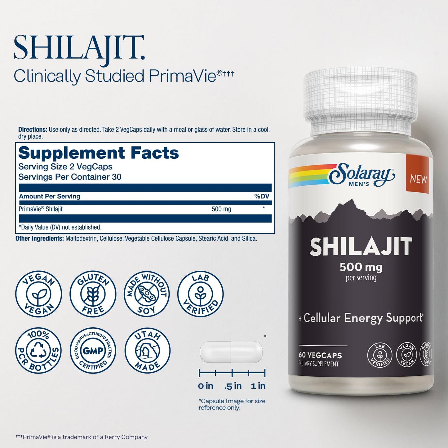 SOLARAY Shilajit 500 mg, PrimaVie (R) Himalayan Shilajit for Men, Capsules, 60 Count