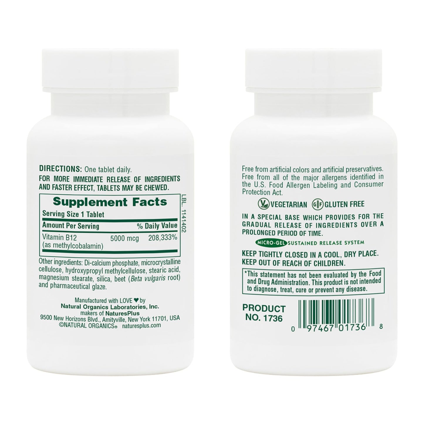 NaturesPlus Shot-O-B12 5000 mcg 120 Tablets