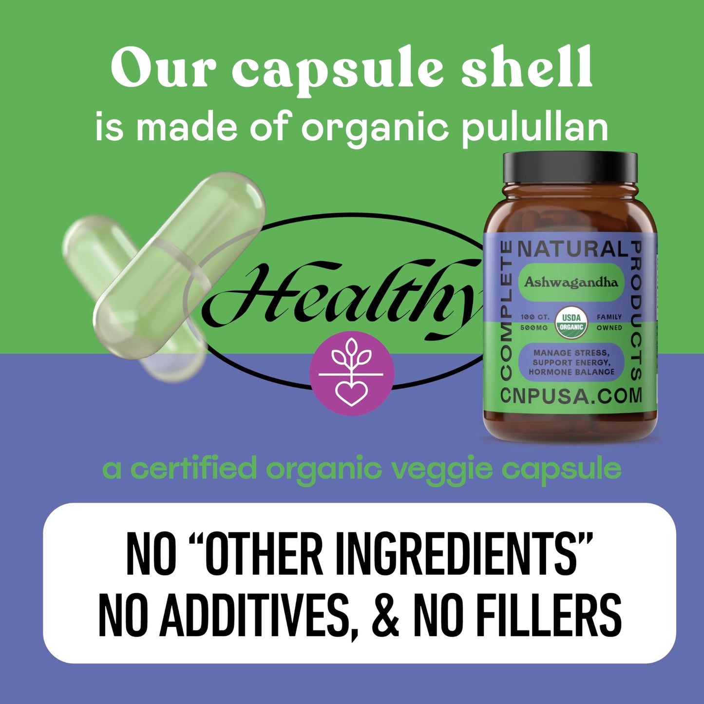 Complete Natural Products Organic Ashwagandha Capsules 500mg, 100 Capsules