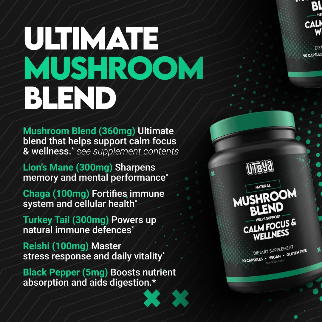 UTOYA Mushroom Blend Capsules - Lions Mane, Reishi, Cordyceps 90 Count