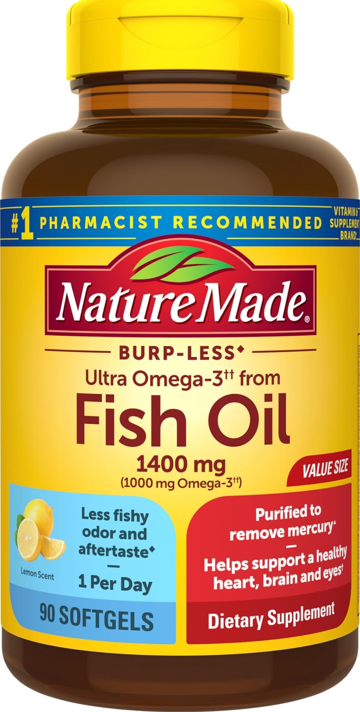 Nature Made Burp Less Ultra Omega 3 Fish Oil 1400mg Softgel, 90 Softgels