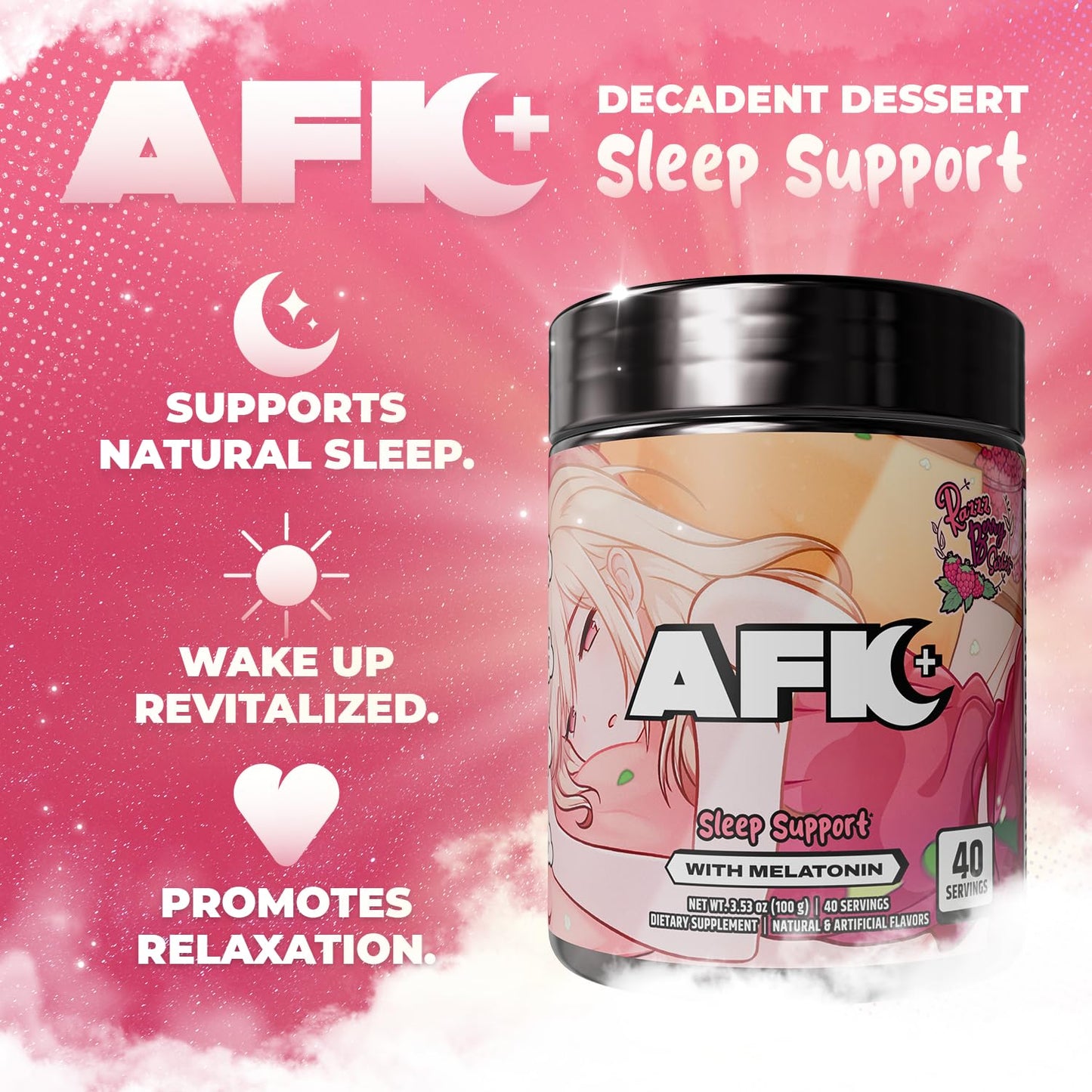 Gamer Supps AFK+ Powder (with Melatonin) Razzz Berry Sorbet 3.53 Ounce