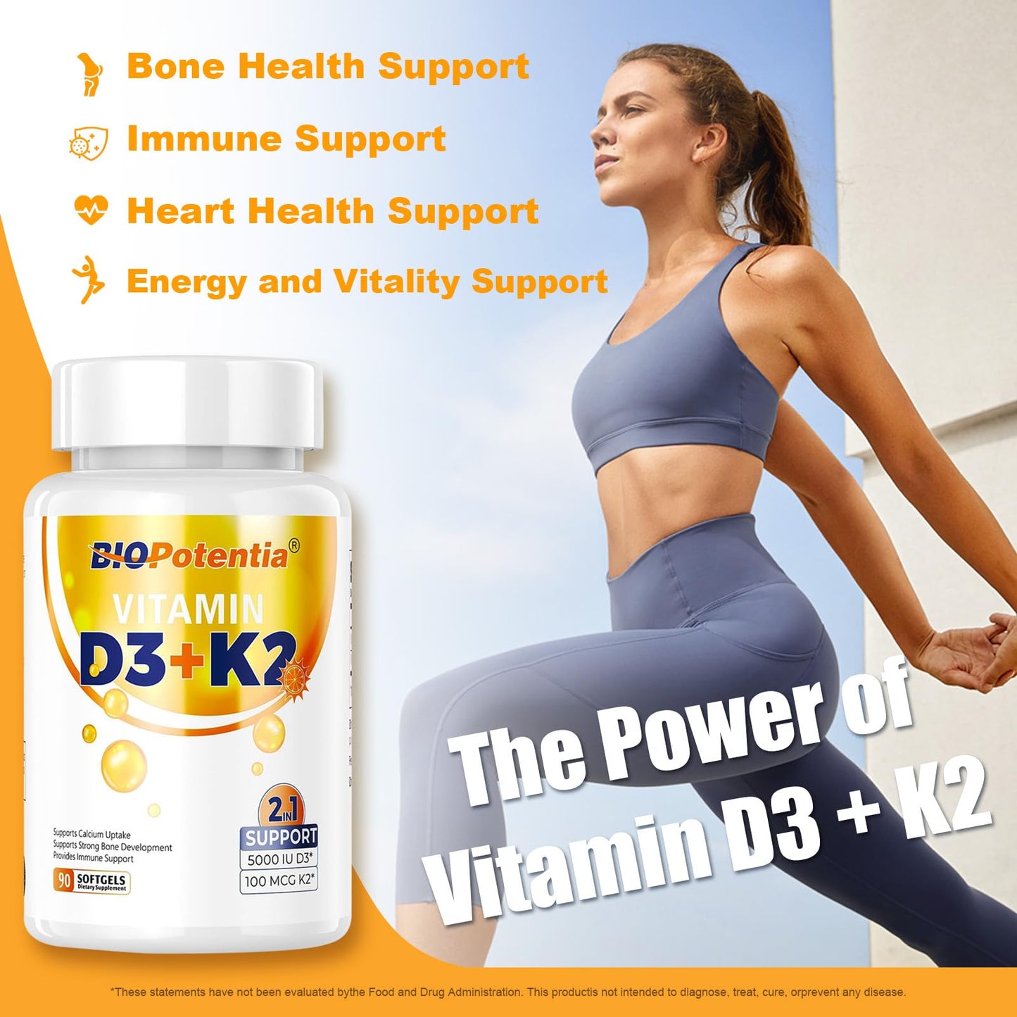 BIO POTENTIA Vitamin D3 K2 with MCT Oil Softgels, 90 Count