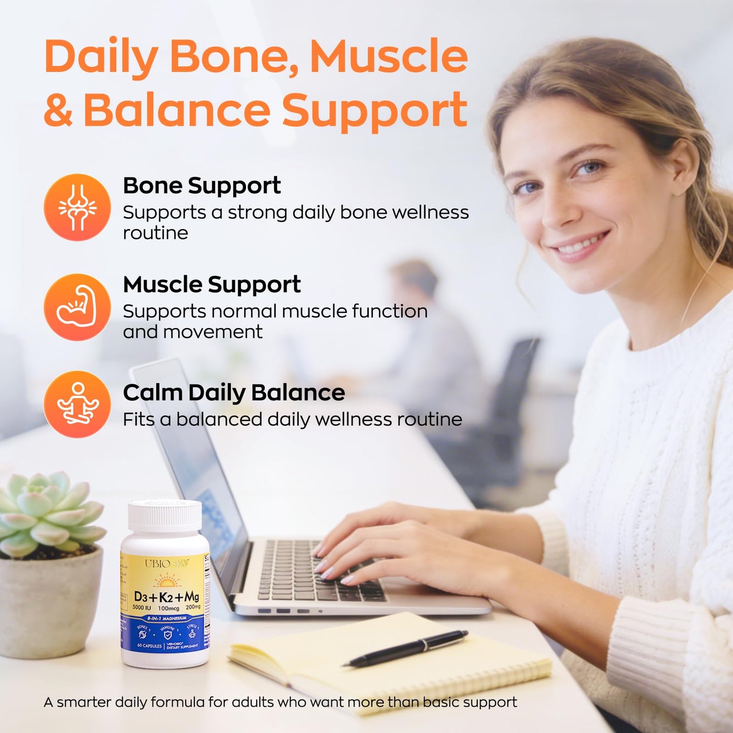 UBIOSKA Vitamin D3 K2 Magnesium, Supplement 5000 IU Vitamin D3 & MK-7 K2 with 8-in-1 Magnesium Complex, Vitamin for Bone, Sleep, Stress Relief & Mood, 60 Capsules