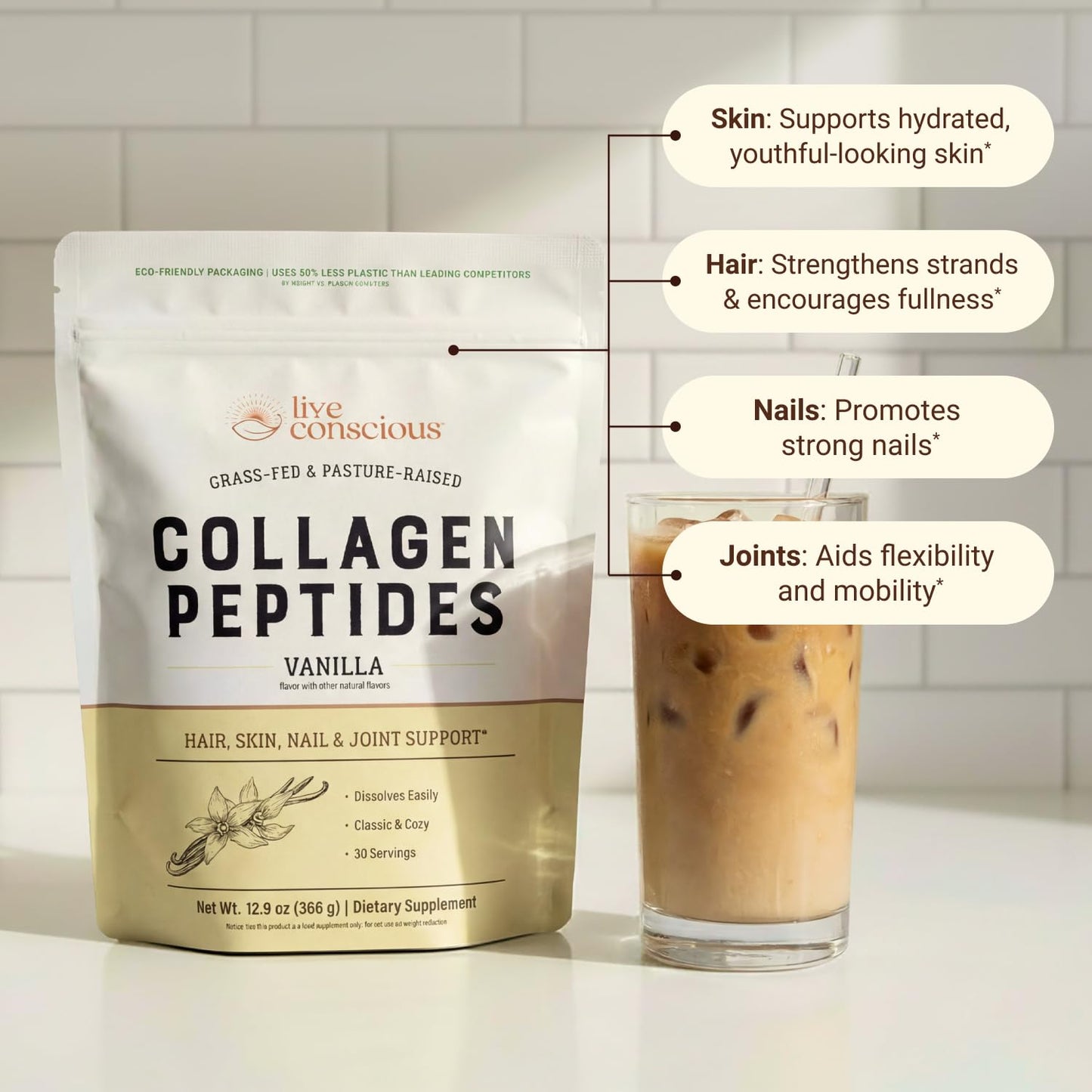 Live Conscious Collagen Peptides Powder - Vanilla Flavored - Hair, Skin, Nail, & Joint Support - Type I & III Grass-Fed Collagen for Women and Men - 26