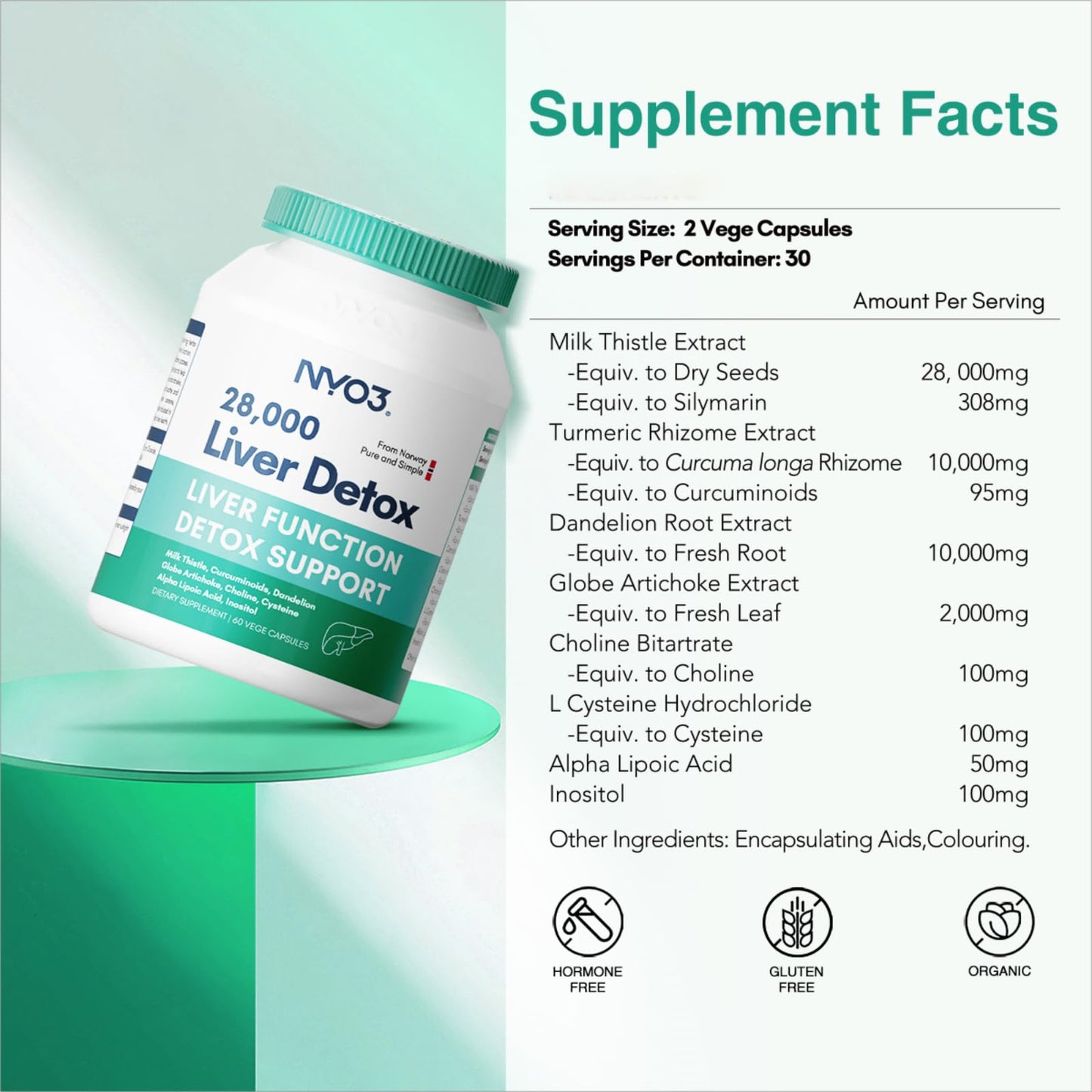 NYO3 Milk Thistle 200mg Liver Detox Supplement with Dandelion Root & Artichoke Extract, 60 Capsules