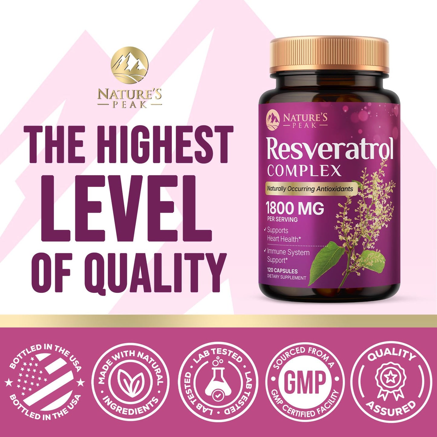 Nature's Peak Resveratrol 1800mg 3X Strength Trans-Resveratrol Capsules, 120 Count