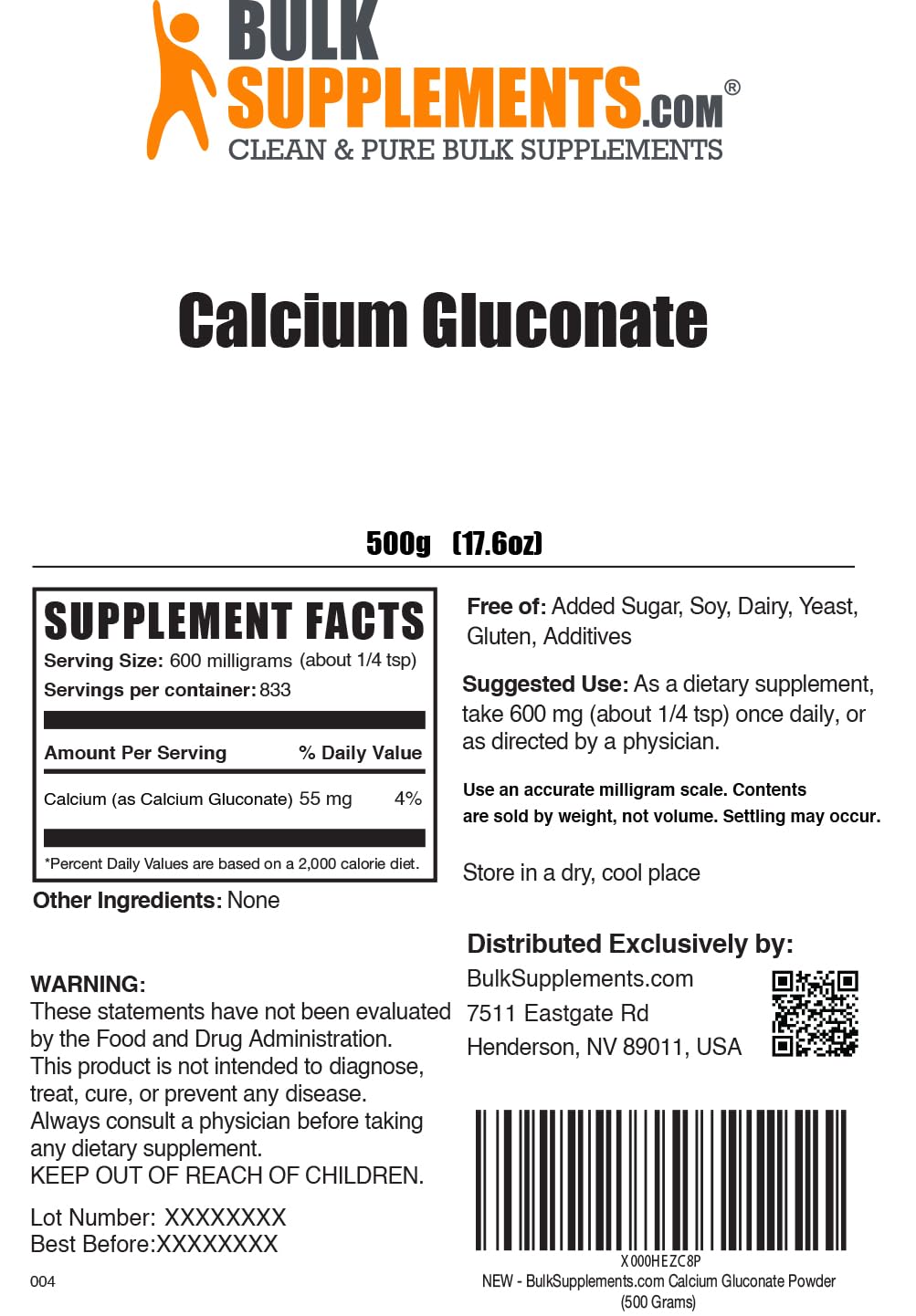 BulkSupplements Calcium Gluconate Powder 17.6 oz (Pack of 1)