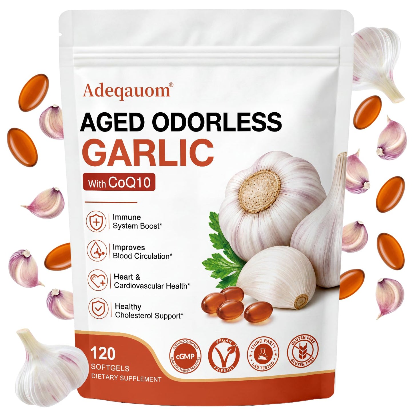 Adeqauom Aged Garlic Extract Softgels 1200 mg Odorless with CoQ10 Ubiquinol & Vitamin K2, 2 Years Aged Matured Standardized for S-Allyl Cysteine, Heart & Immune Antioxidant Supplements, 120 Softgels