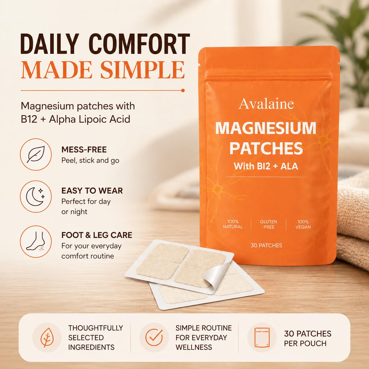 TOGOLIUN Avalaine Magnesium Patches with B12 & ALA for Nerve Relief Tablets 1