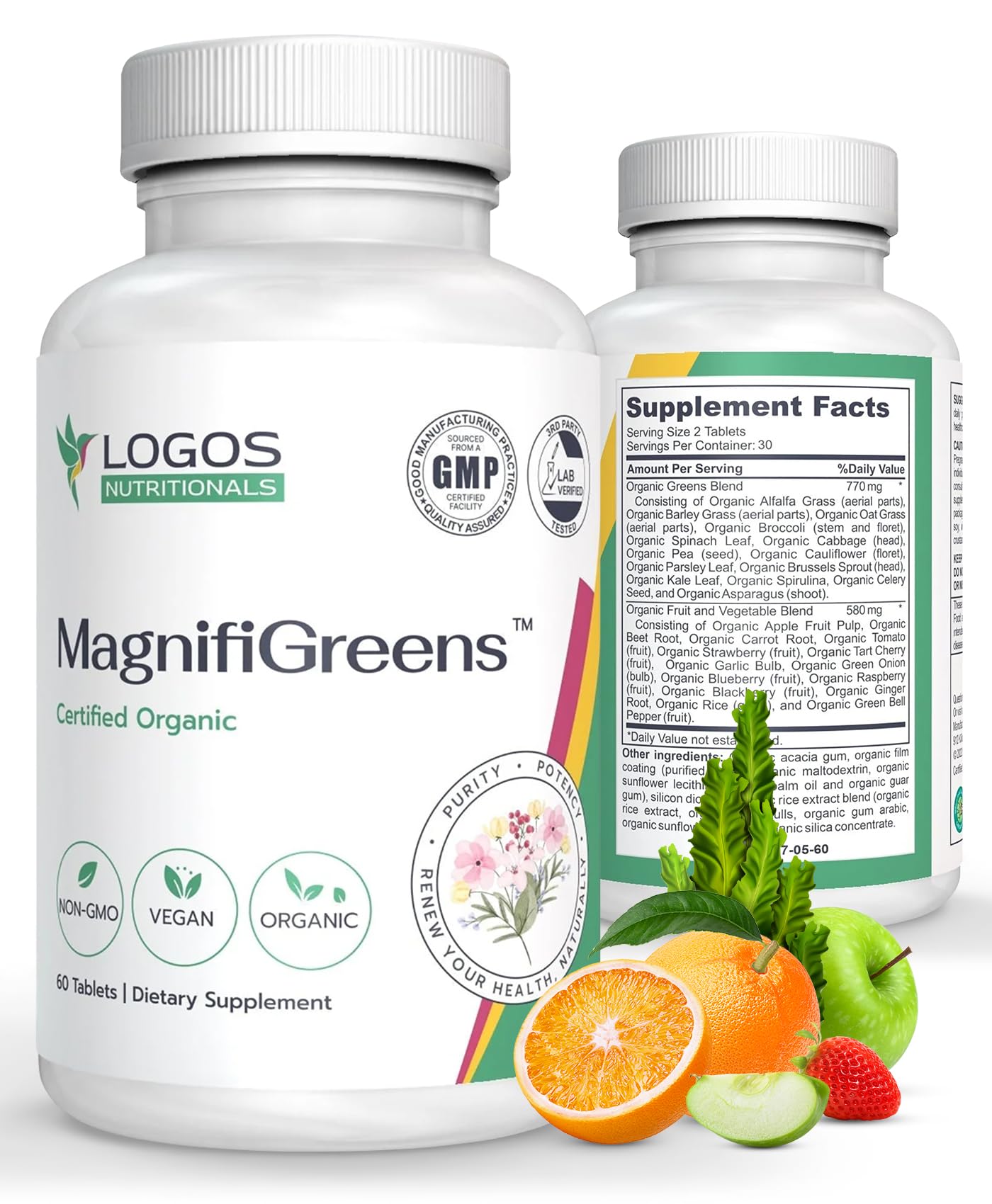 logos nutritionals MagnifiGreens - Super Greens, Fruits and Vegetables Supplements | 28 Ingredients with Alfalfa, Tart Cherry & More | Support Energy Level & Gut Health | Non-GMO, 60 Tablets