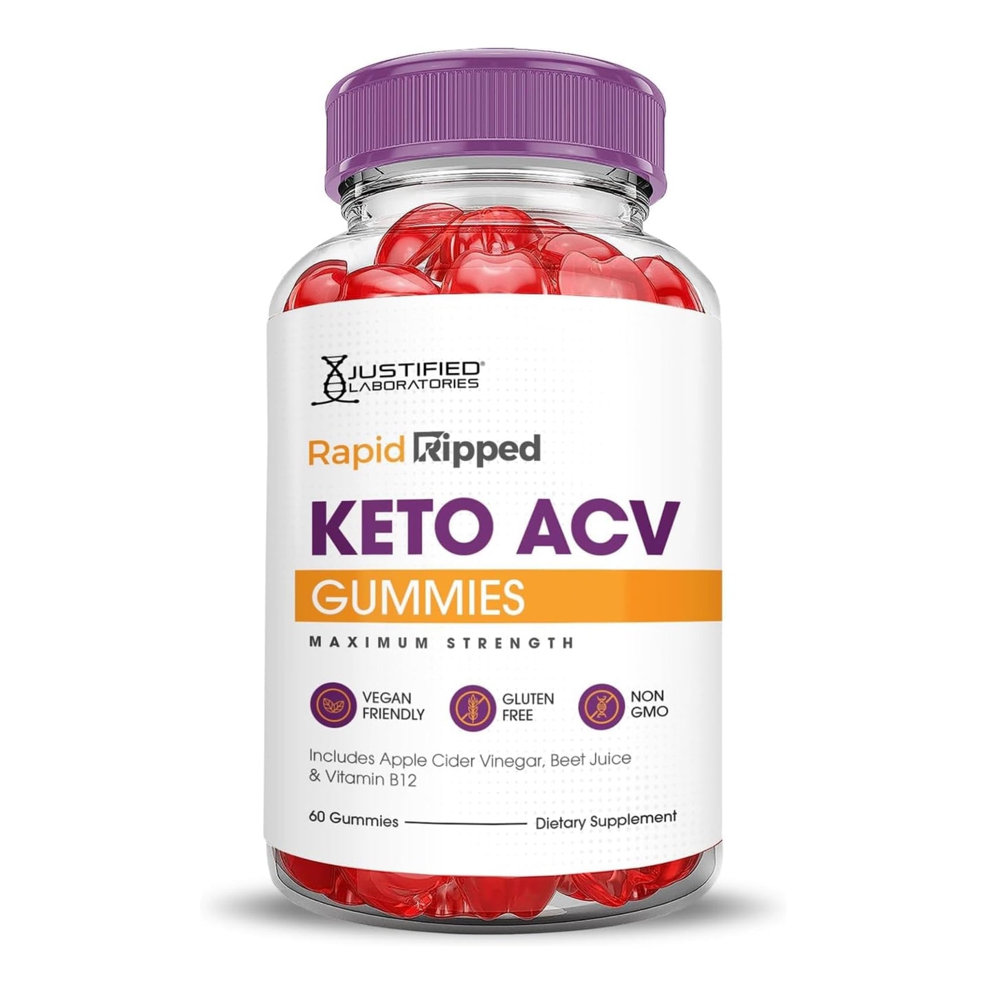 Justified Laboratories Rapid Ripped Keto ACV (1000 mg) Apple Cider Vinegar, Folate & Vitamin B12, Non-GMO, Vegan, Gluten Free, 60 Gummies