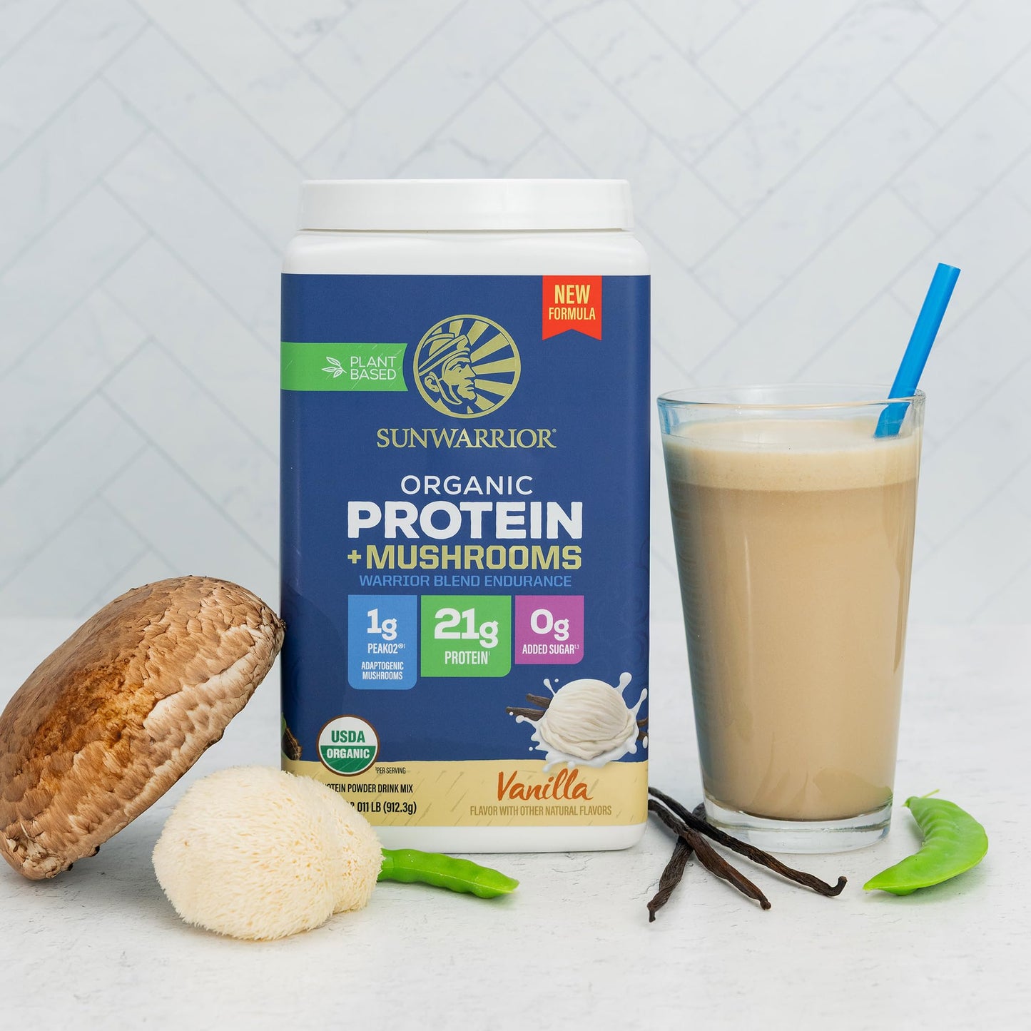 Sunwarrior Organic Protein Powder Warrior Blend + Mushroom Vanilla, 12.8 Ounce