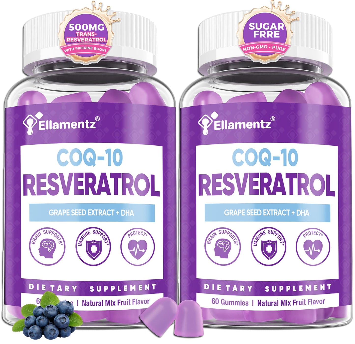 ELLAMENTZ 7-in-1 Trans-Resveratrol Gummies 500mg Complex with CoQ10, DHA, Vitamin C, E & Grape Seed - 120 Count