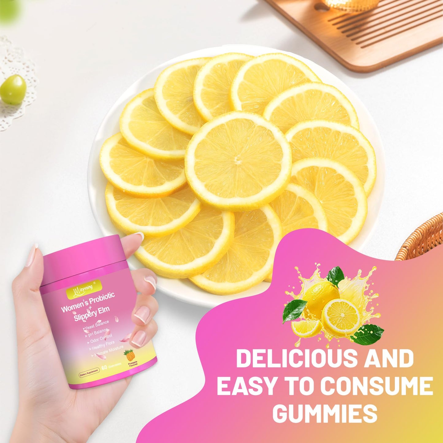 Misyvoing Her Juicy Feminine Probiotics Gummies for pH Balance with Slippery Elm & Lactobacillus Blend, Gut & Immune Support, Pineapple, 60 Count