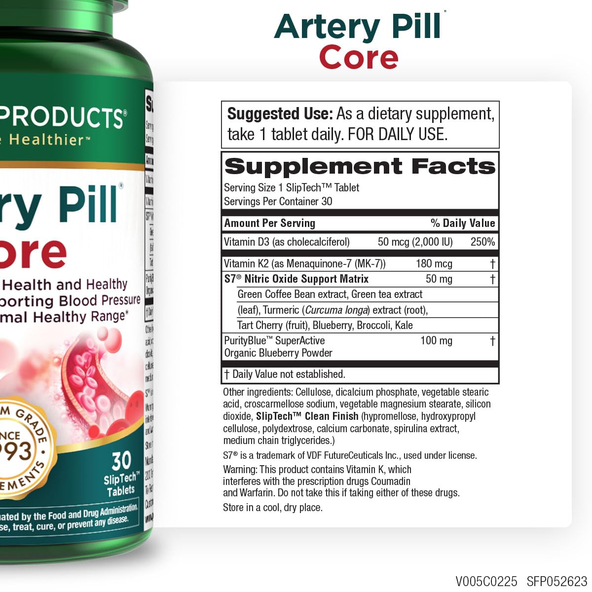 Purity Products Artery Pill Core from MK-7 Vitamin K2, Plant-Based S7 Nitric Oxide Booster, Vitamin D3, Organic Blueberries Capsules 30 Count