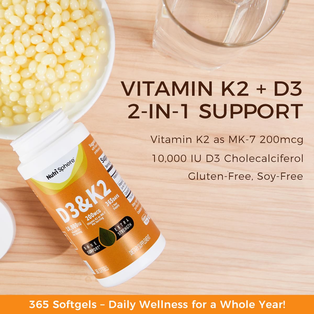NutriShpere Vitamin D3 & K2 (MK-7) - 10,000 IU + 200 mcg, 365 Softgels