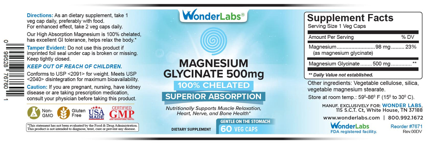 Wonder Laboratories Magnesium Glycinate 500mg Capsules 120 Count