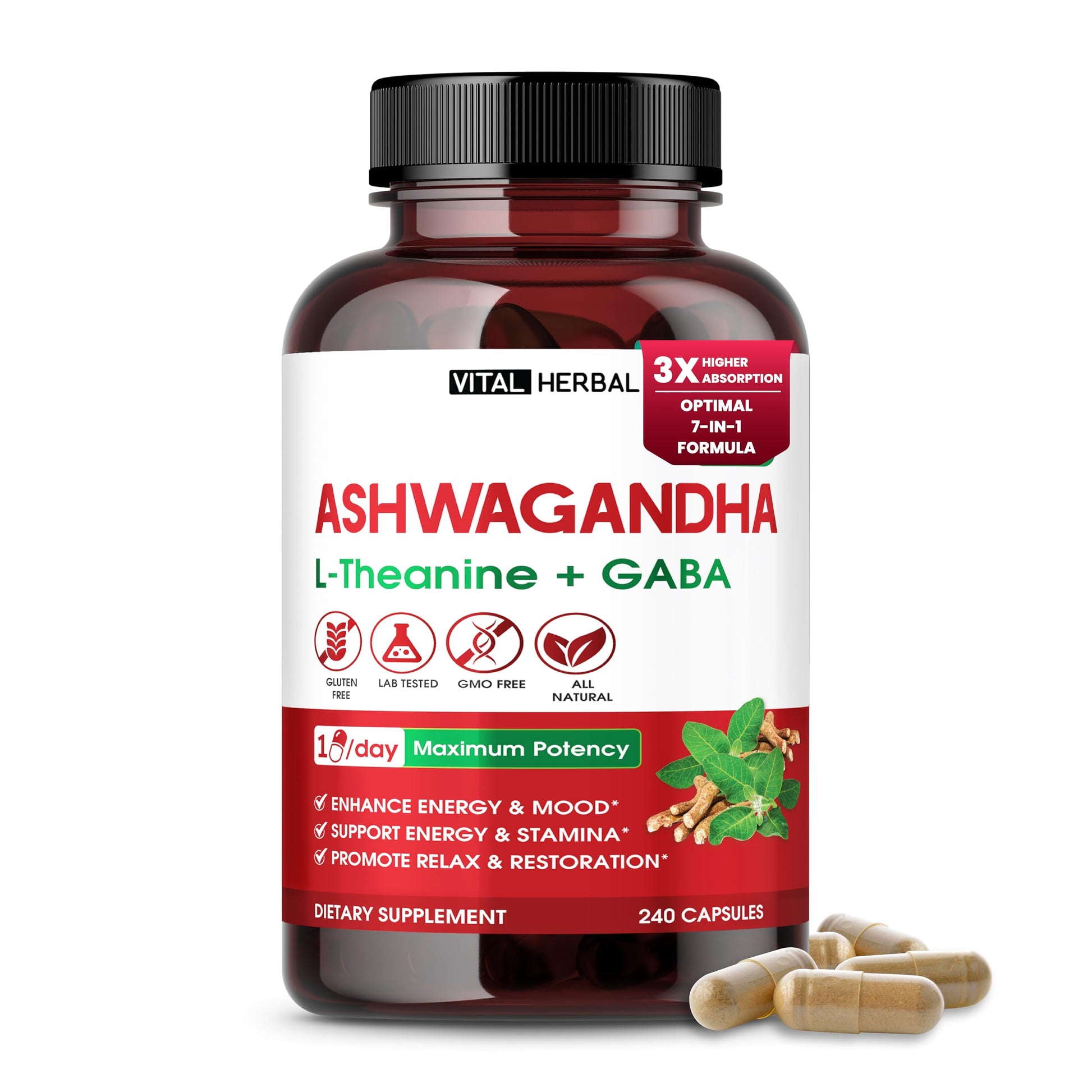 VITAL HERBAL Ashwagandha Complex with L-Theanine, Turmeric, Rhodiola & St. John’s Wort – Herbal Blend for Daily Wellness Capsules, 240 Count