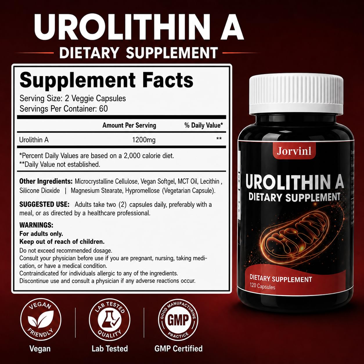 Jorvinl Urolithin A Supplement 1200mg Capsule 120 Count