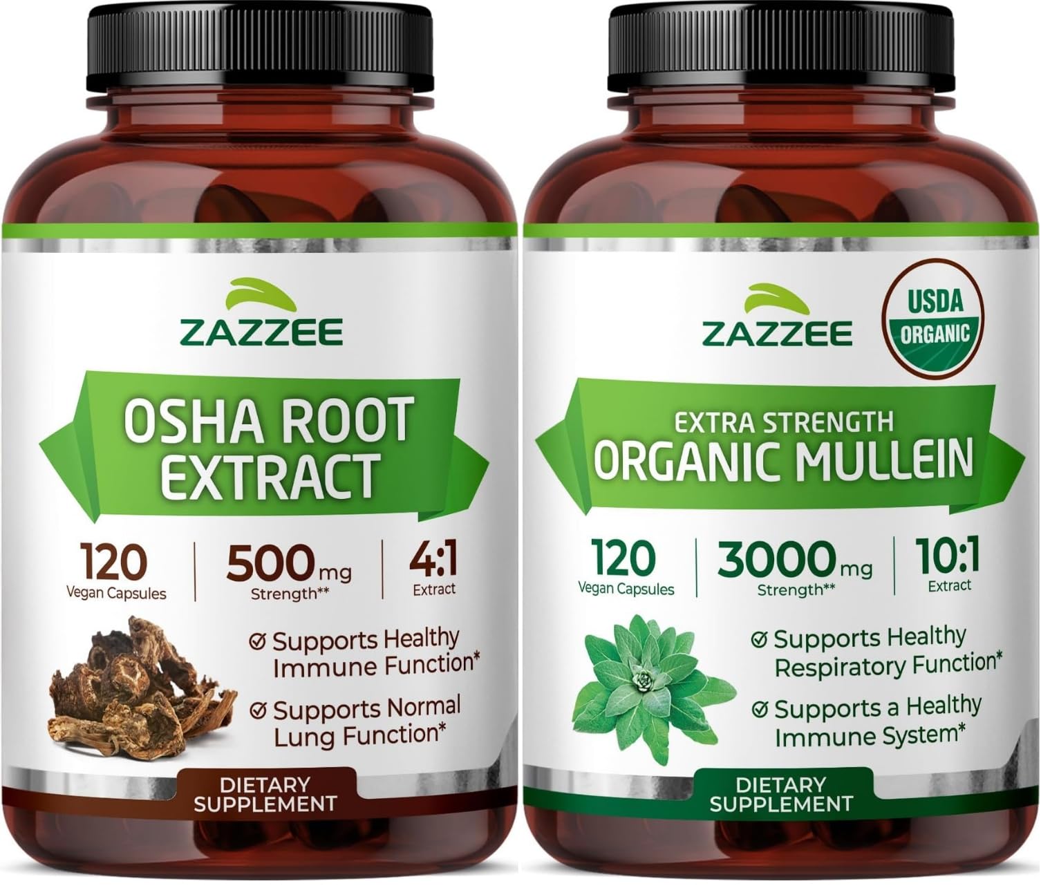 Zazzee Herbal Respiratory Lung Health Support Bundle Mullein Leaf Extract Plus 4:1 OSHA Root Extract Capsules 240