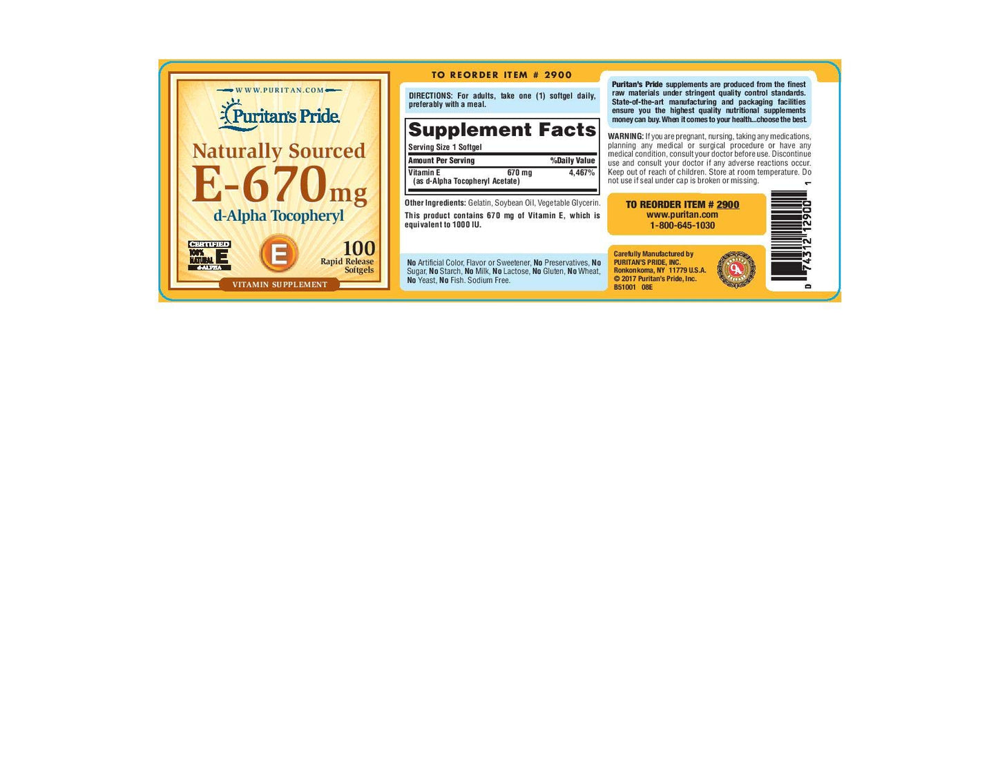 Puritan's Pride Vitamin E 670 mg 100% Natural Softgels, 100 count