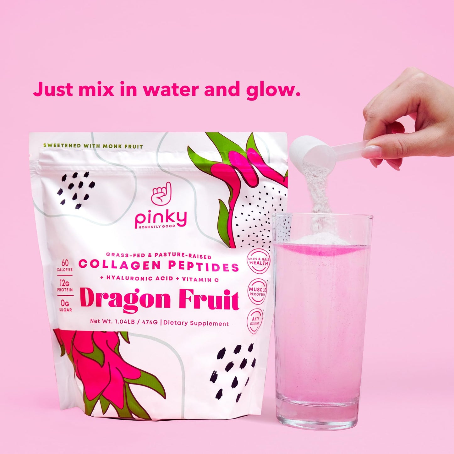 Pinky Collagen Peptides with Hyaluronic Acid & Vitamin C - Dragon Fruit Flavor Powder, 16.72 oz