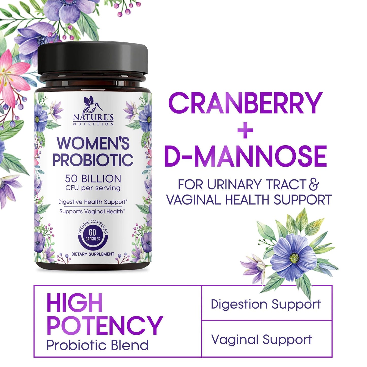 Nature's Nutrition Probiotics for Women - Probiotic Blend 50 Billion CFU, 16 Strains, 60 Capsules