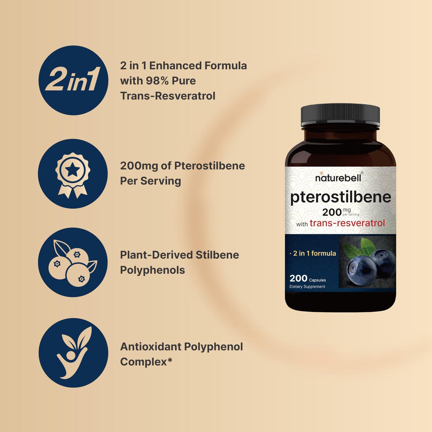 NatureBell Pterostilbene 200 mg Per Serving with Trans-Resveratrol Capsule, 200 Capsules