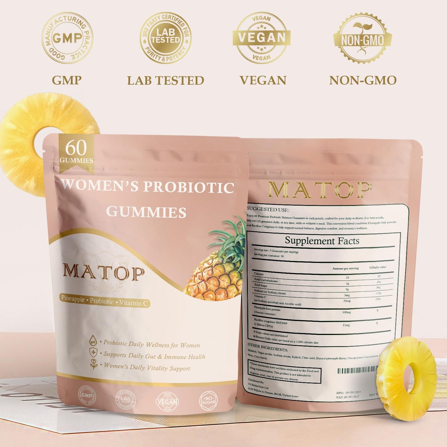 MATOP Women’s Probiotic Gummies for Gut & Daily Wellness – Vitamin C Supplement, Pineapple Flavor, 60 Count