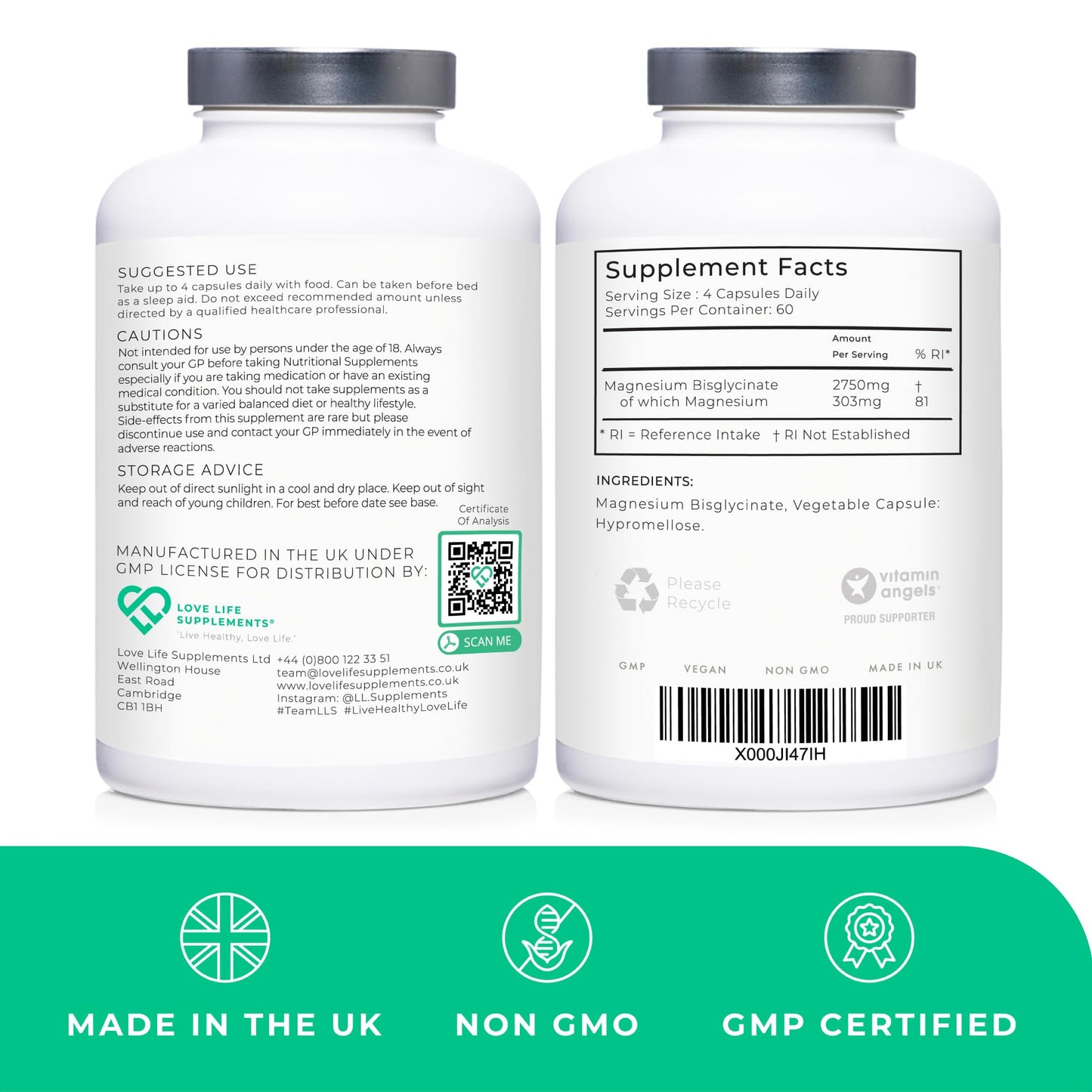 Love Life Supplements Pure Magnesium Glycinate (Bisglycinate) Capsules, 240 Count