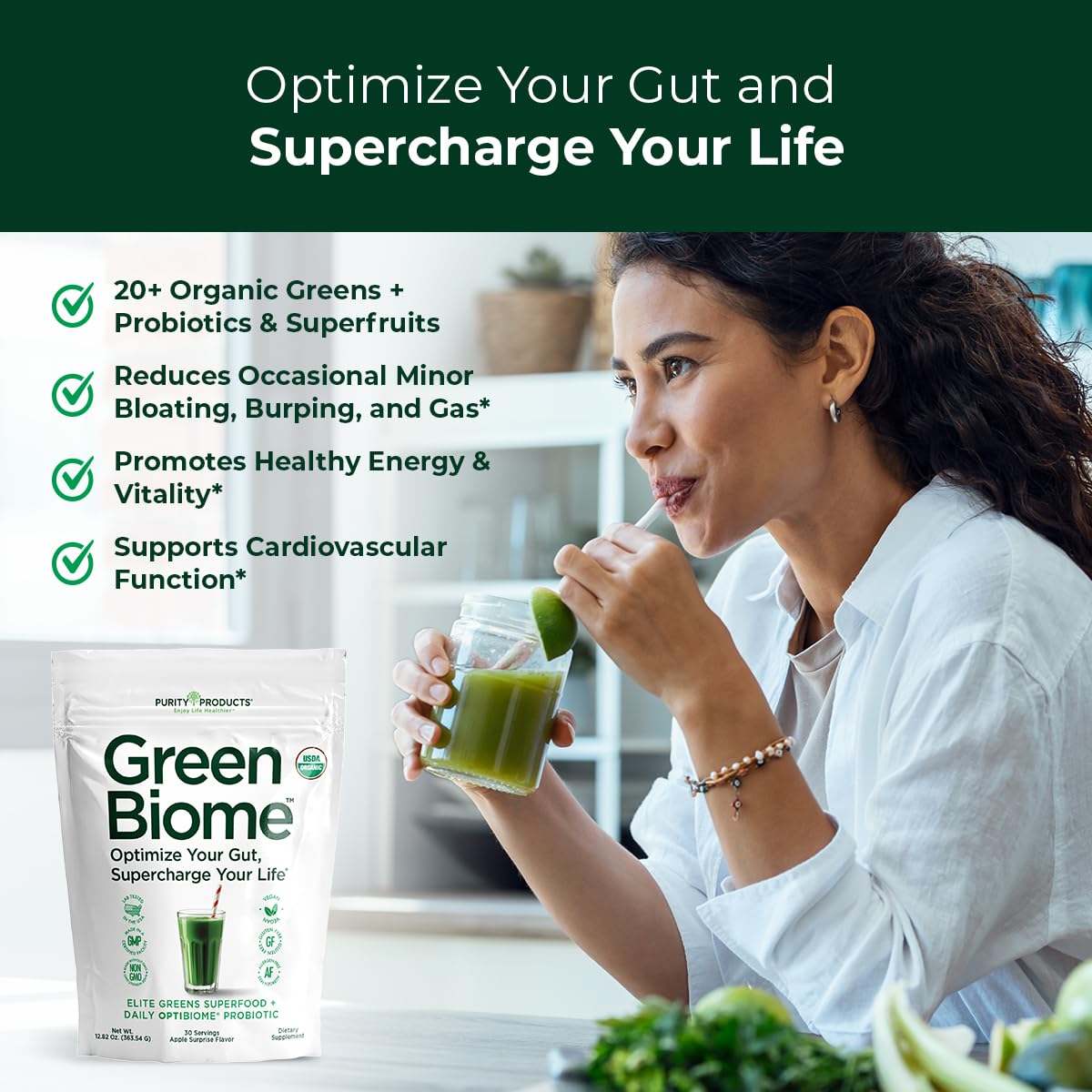 Purity Products Green Biome Elite Organic Greens Superfood + Daily OptiBiome Probiotic, Powder, 12.82 Ounce