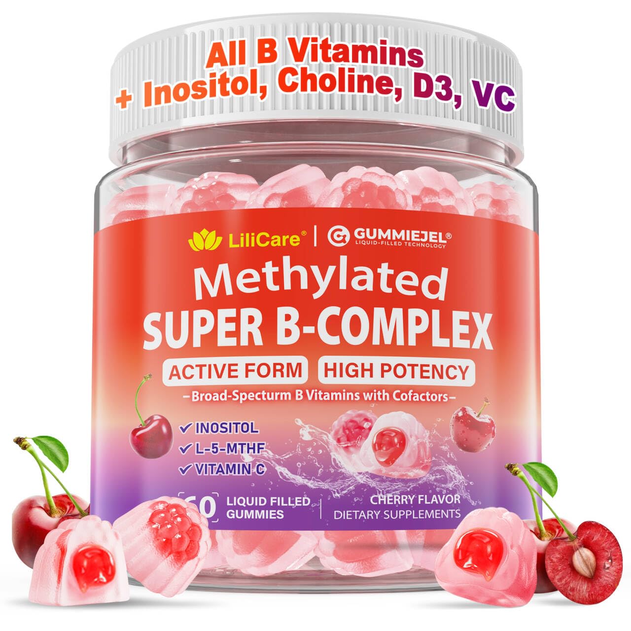 LILICARE Methylated B Complex Vitamin Gummies, Sugar Free, 60 Count