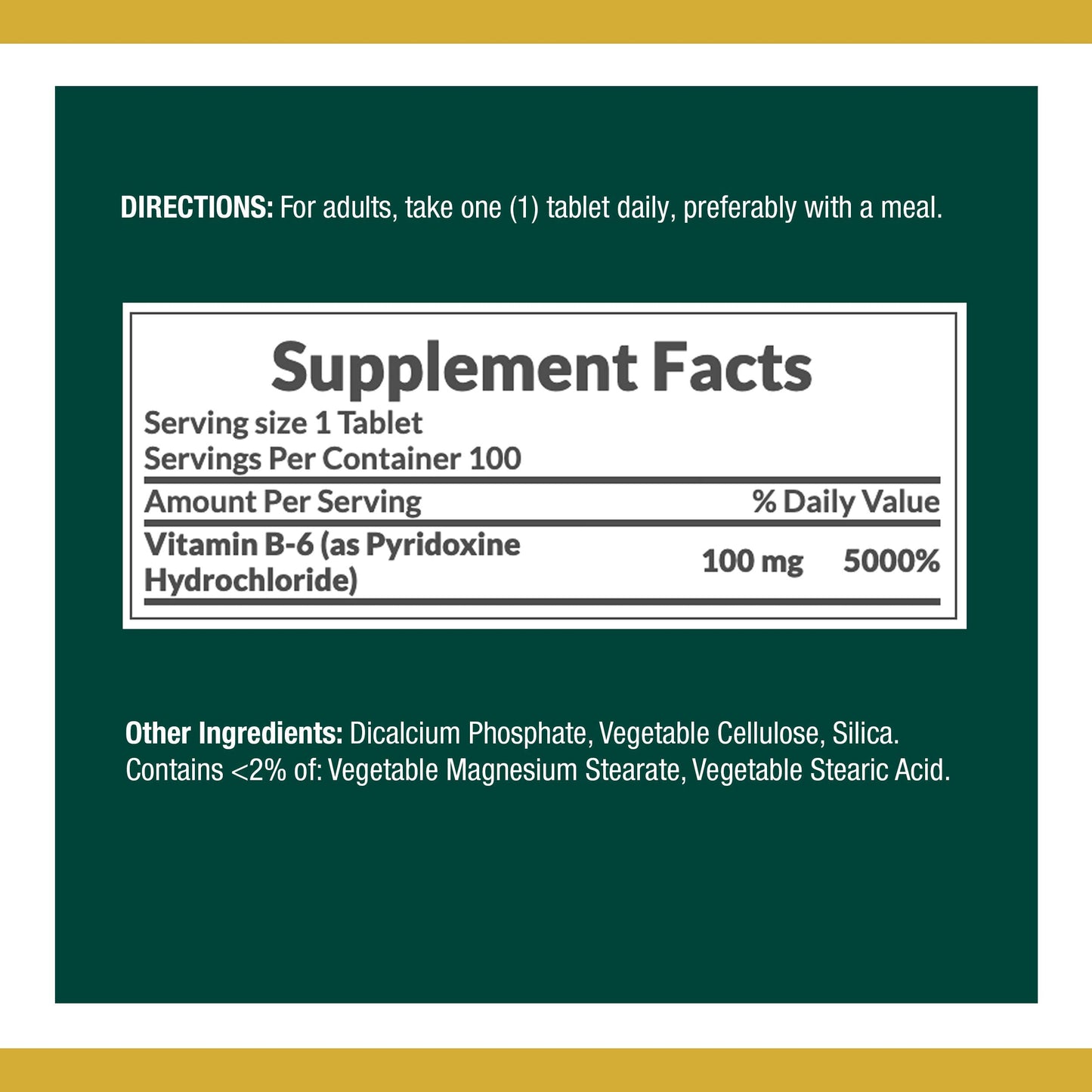Nature's Bounty Vitamin B6 100 mg Tablet, 100 Count