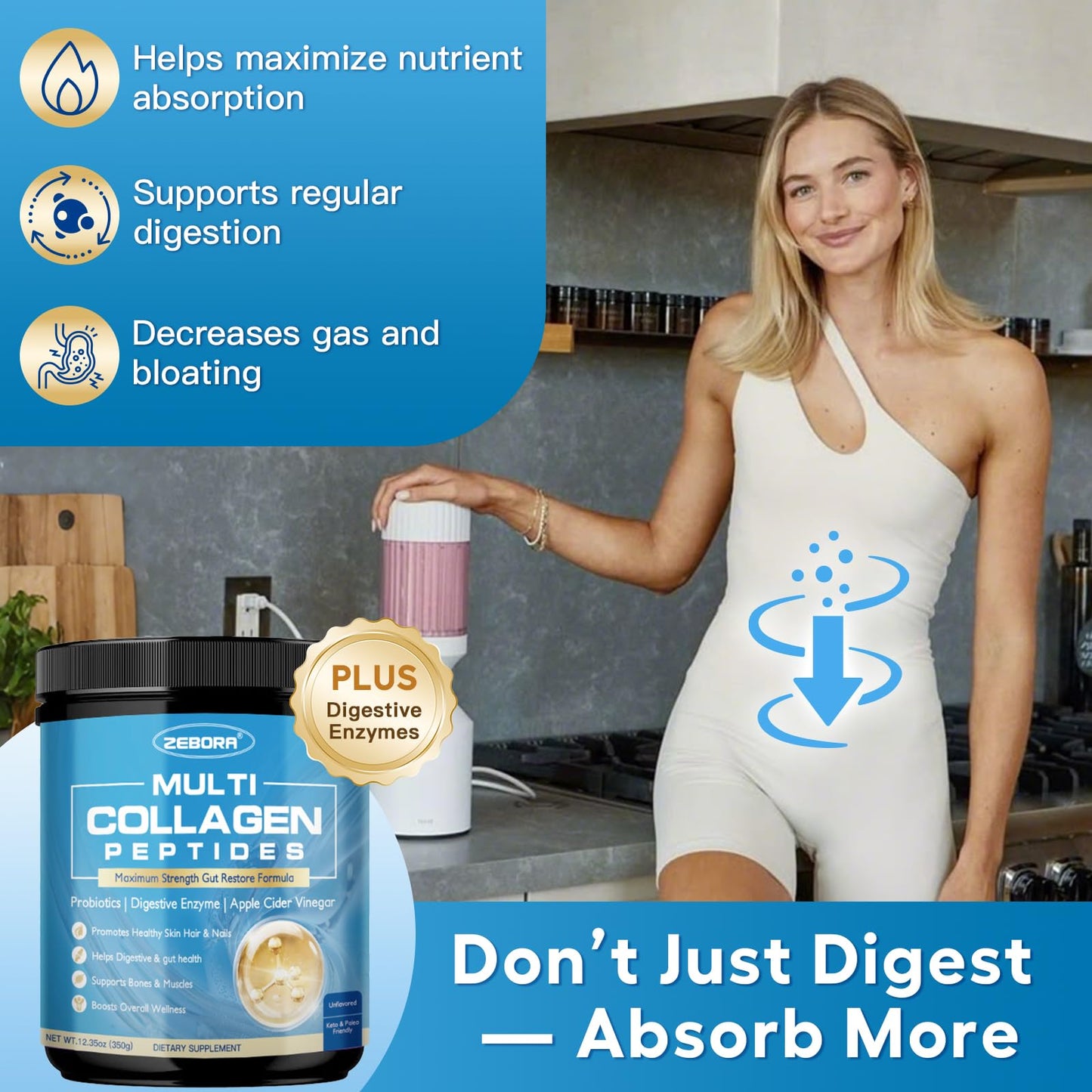 ZEBORA Multi Collagen Peptides Powder with Probiotic for Gut Health, Hydrolyzed Collagen with Digestive Enzymes, Prebiotics for Women, Support Digestive Health, Skin, Hair, Joints, Non-GMO, 12.35 Ounce