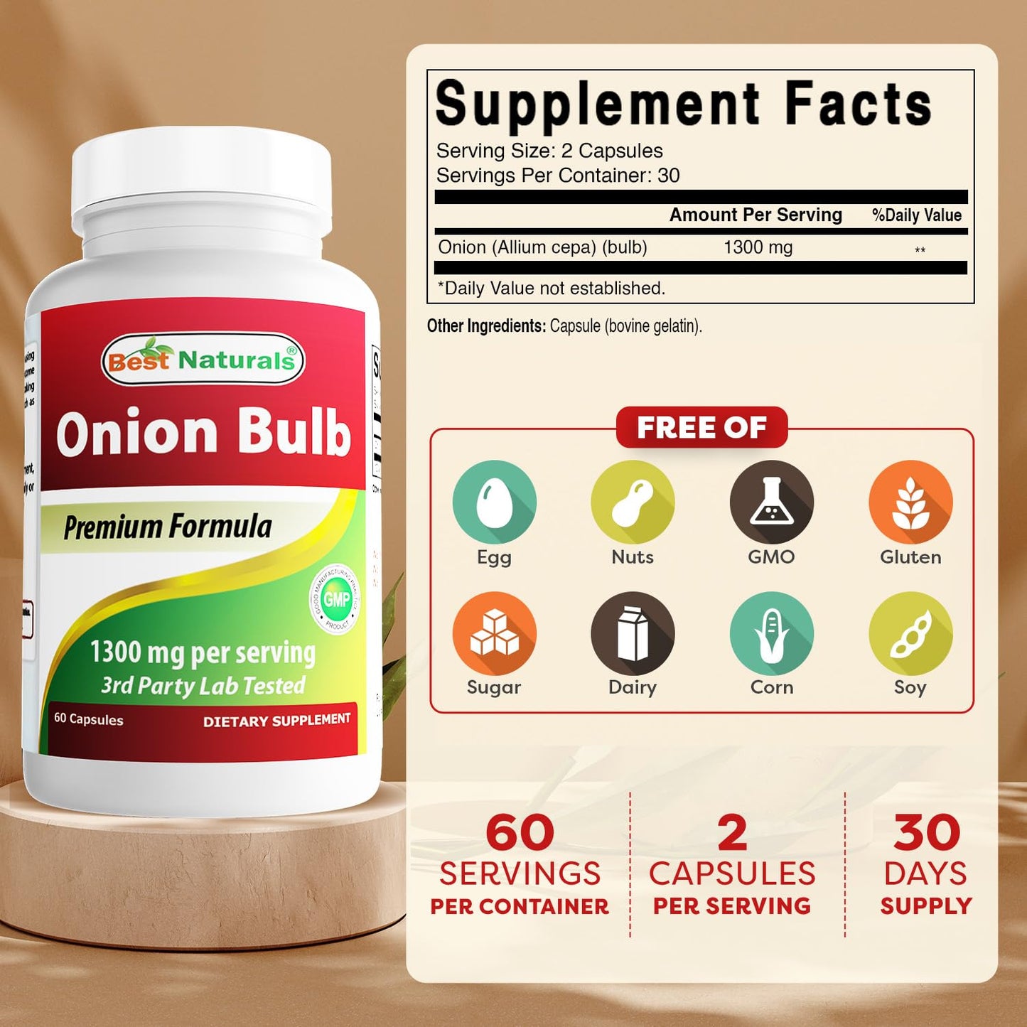 Best Naturals Onion Dried Bulb 1300mg per Serving Capsules, 60 Count
