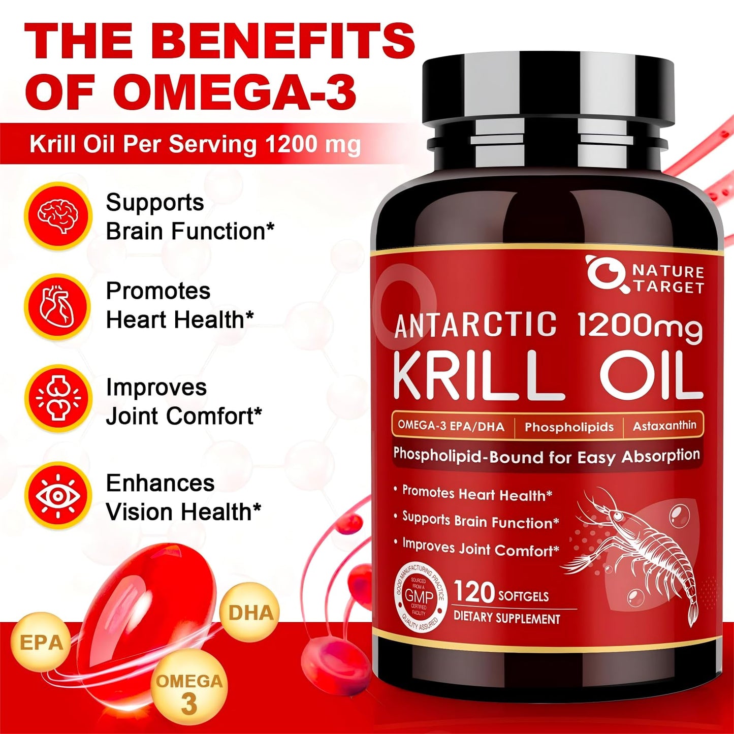 NATURE TARGET Krill Oil 1200mg with Omega-3 EPA & DHA with Astaxanthin, Phospholipids & Choline Softgels, 120 Count
