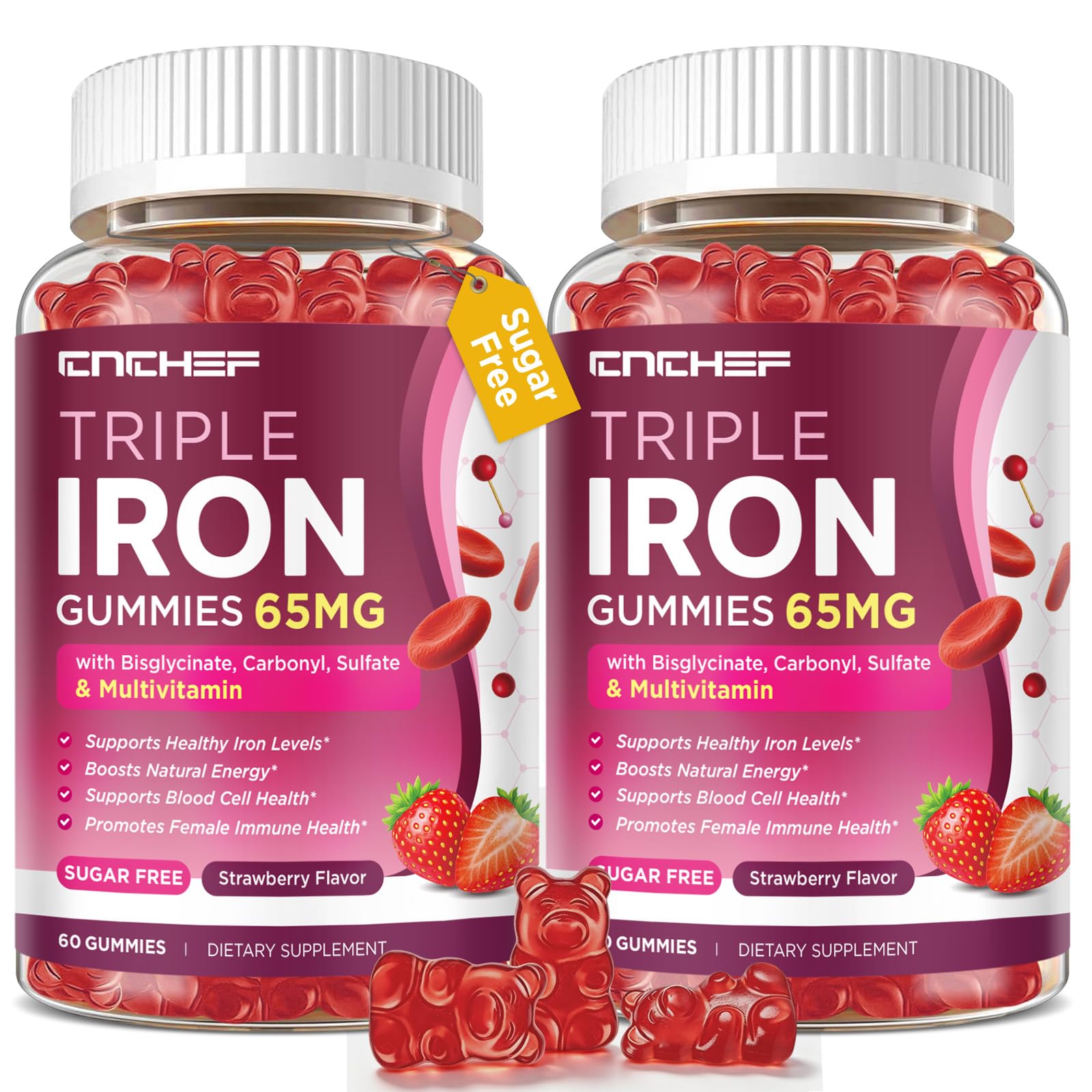 CNCHEF 65mg Iron Gummies with Multivitamin, Sugar-Free Strawberry Flavor, Iron Supplement for Adults, 120 Count