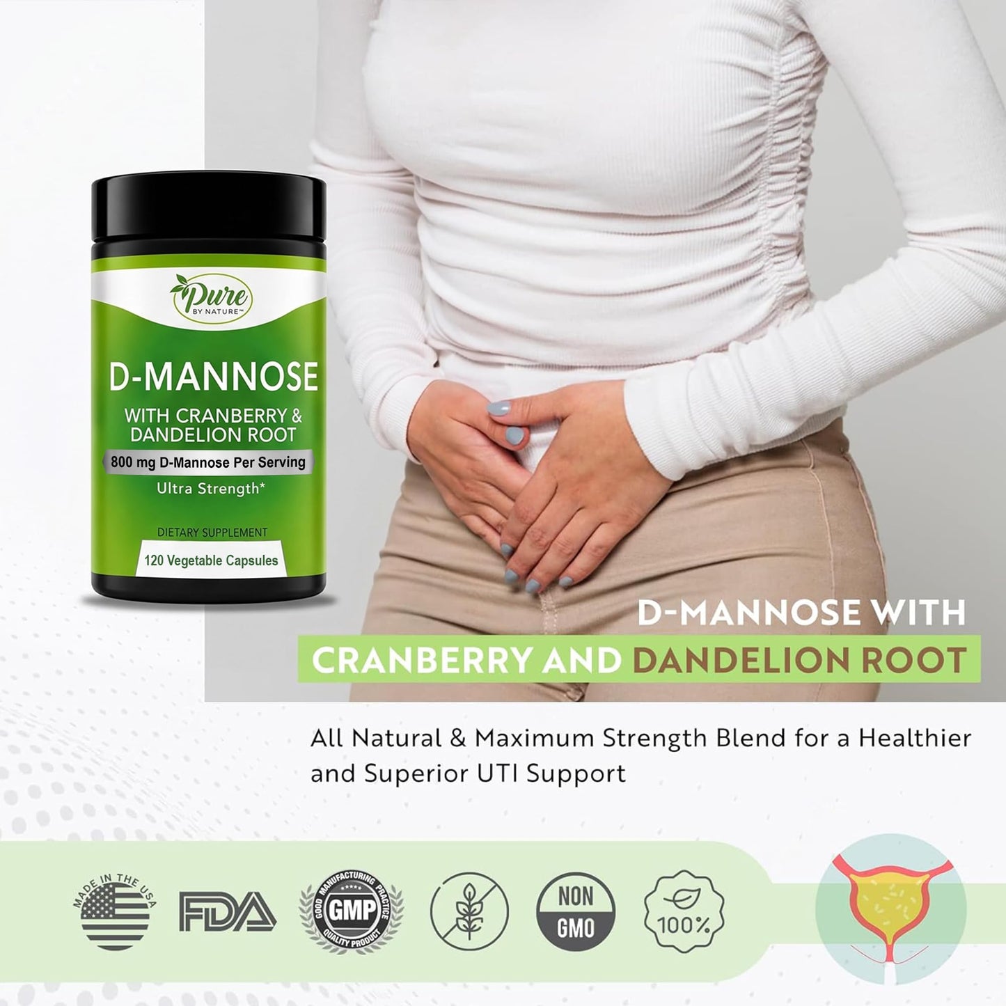 Pure By Nature D-Mannose Cranberry Capsules 800mg Per Serving, 120 Vegan Capsules