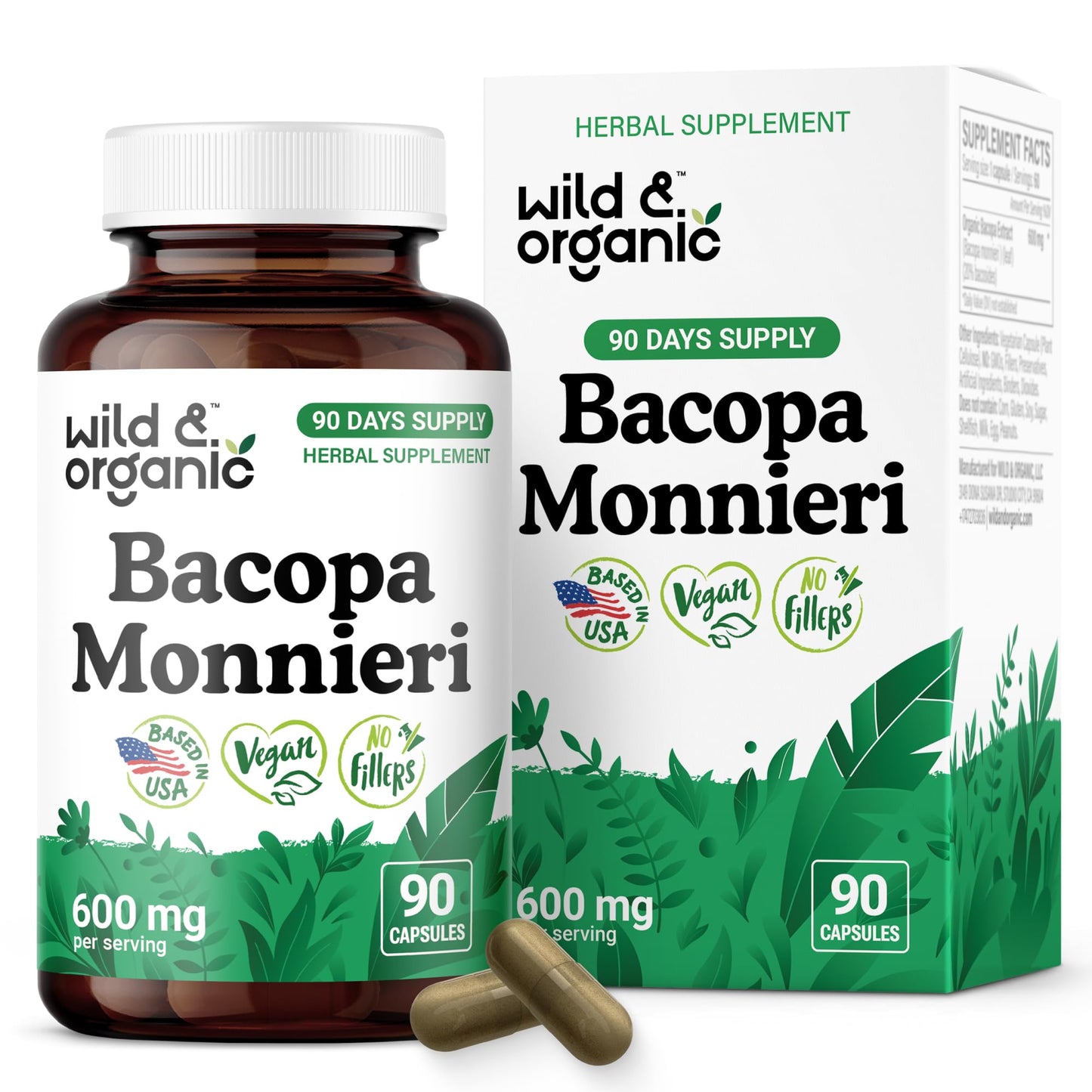 Wild & Organic Bacopa Monnieri Capsules 600 mg, 90 Count
