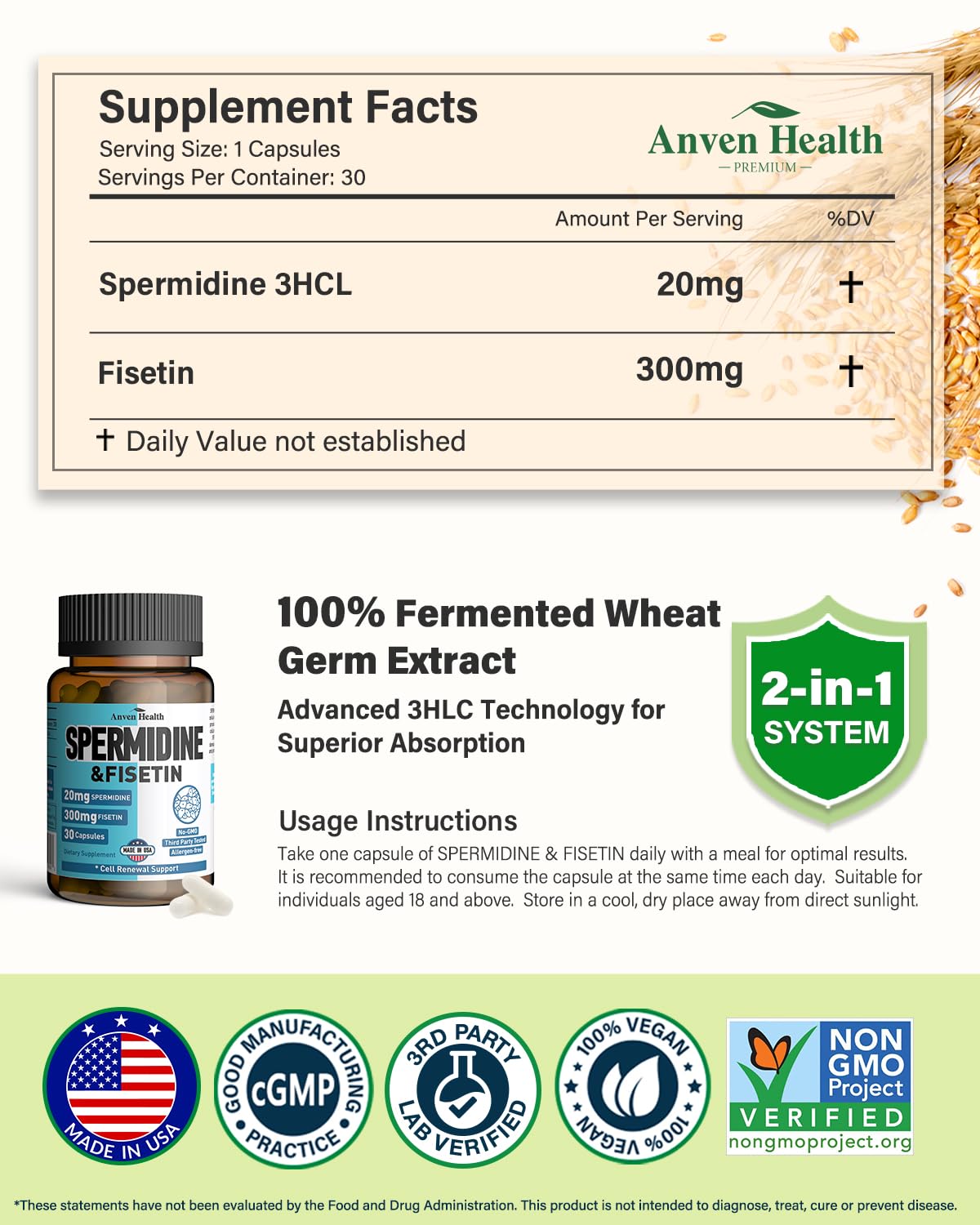 Anven Health Spermidine & Fisetin Supplement Capsule, 30 Veggie Caps