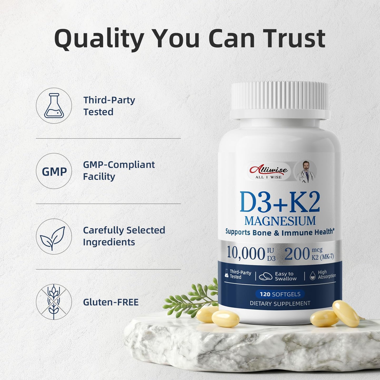Alliwise D3 K2 Vitamin 10000 IU with Magnesium Complex Softgel 240 Count