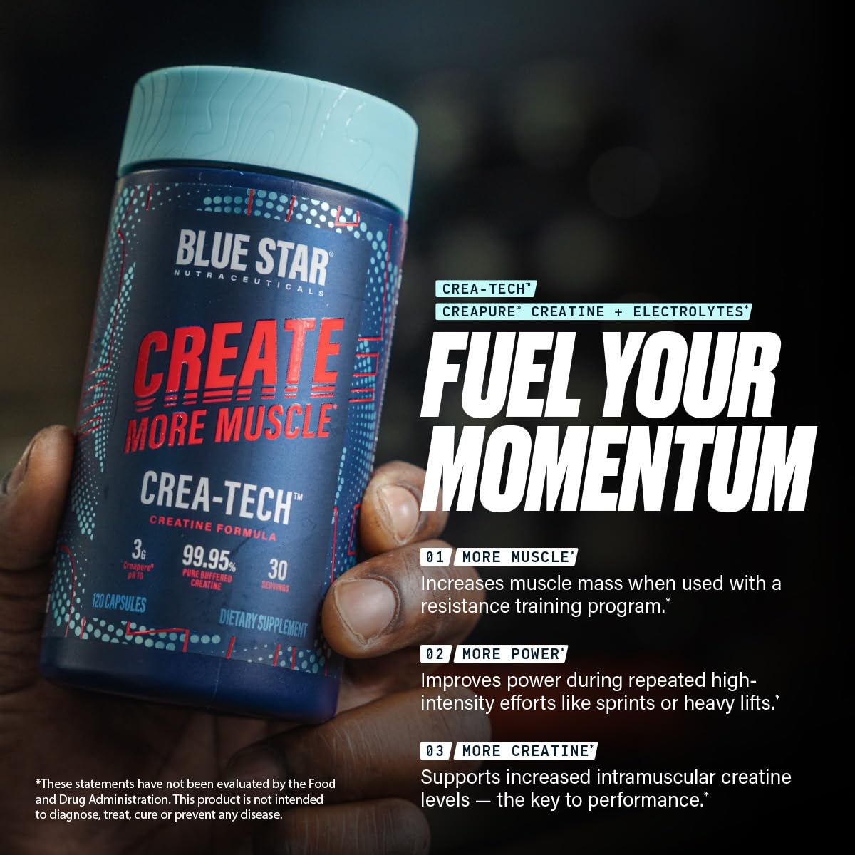 Blue Star Nutraceuticals CREA-TECH Creapure Creatine Monohydrate with Electrolytes Capsules, 120 Veggie Capsules