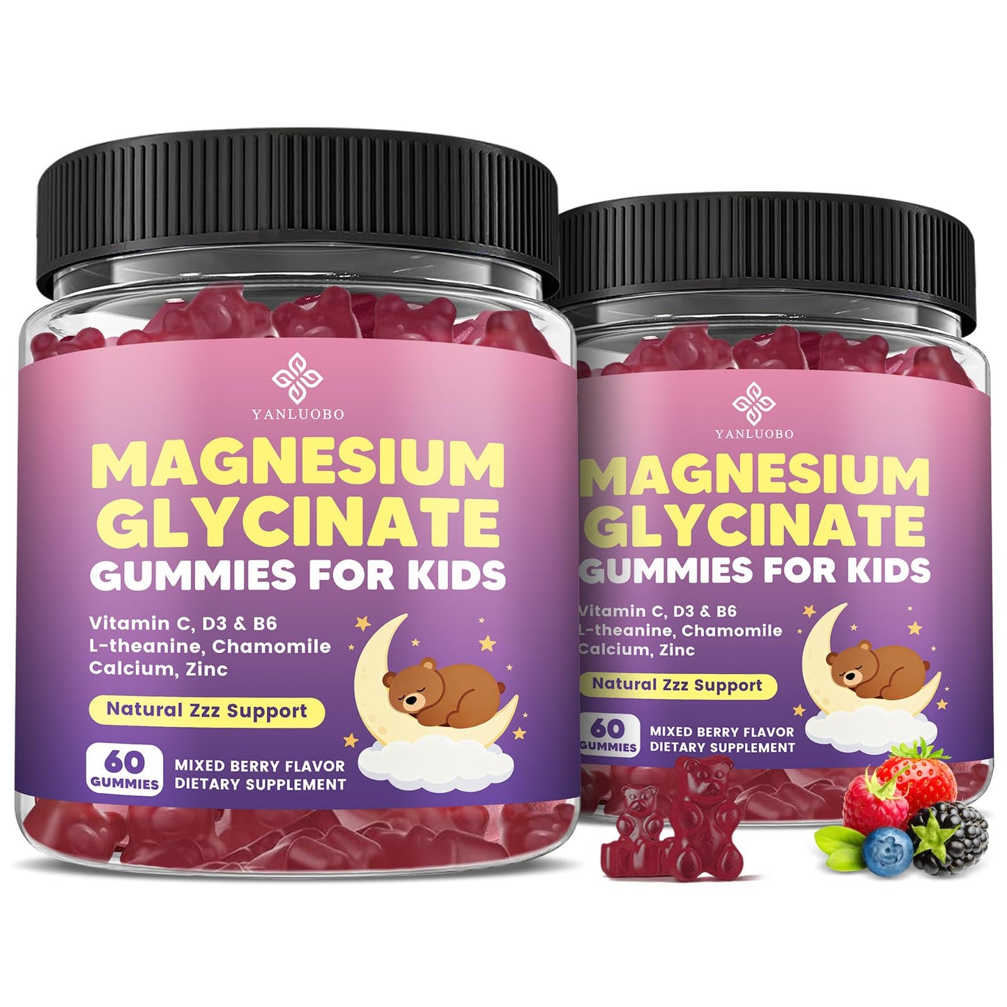 YANLUOBO Kids Magnesium Glycinate Gummies with L-Theanine, Chamomile, Vitamin B6 & D3, 120 Count