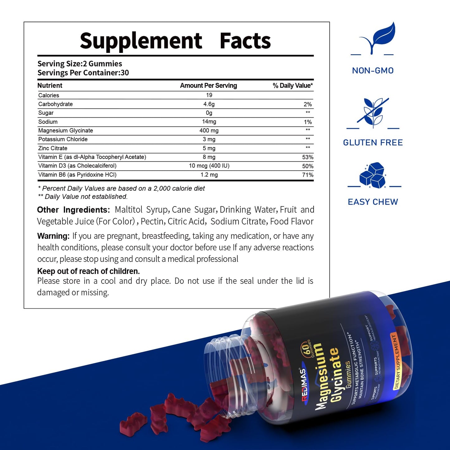 Redimas Magnesium Glycinate Gummies 400mg, 60 Count