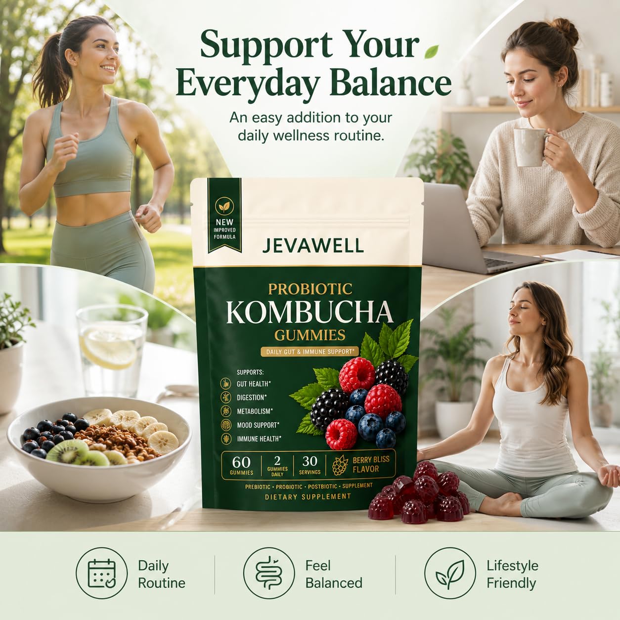 jevawell Probiotic Kombucha Gummies Softgels, 60 Count