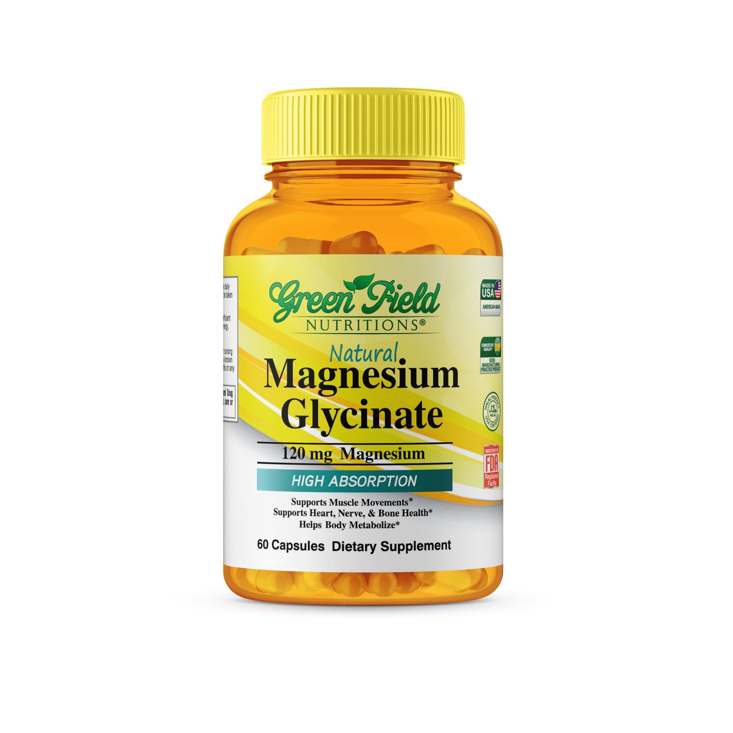 GREEN FIELD NUTRITIONS Halal Magnesium Glycinate 120mg Capsules, 60 Count