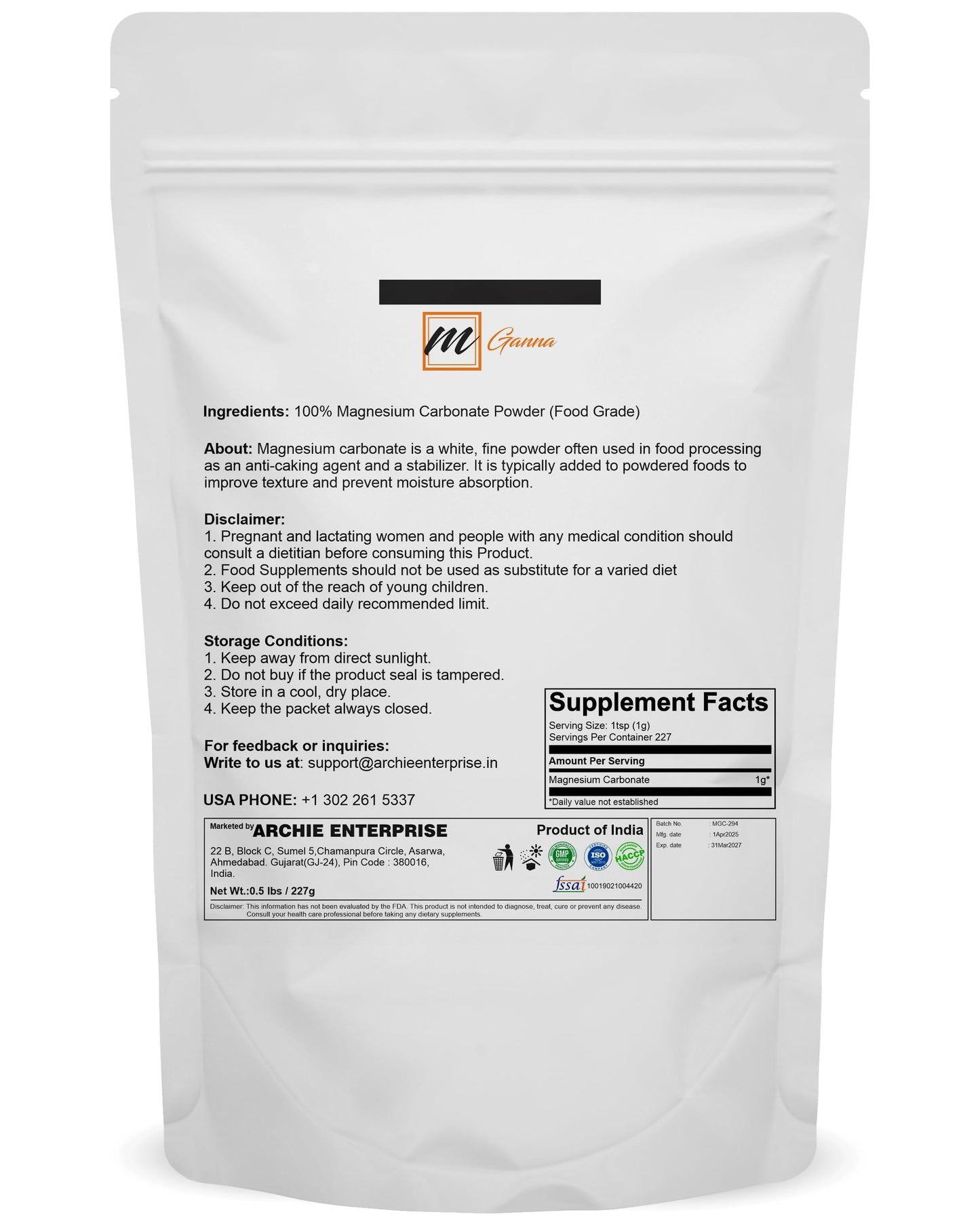 mGanna Magnesium Carbonate Light Powder (Food Grade), 8 oz